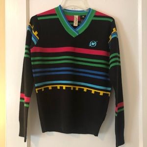 Obermeyer Wool Blend Striped Multi Color V-Neck SKI Sweater - Size M Women